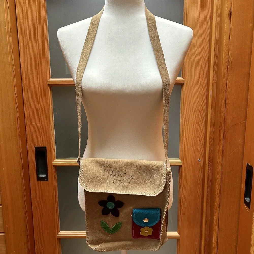 VTG Mexico Handmade Artisan Leather Suede Crossbody Purse Bag Retro Boho Tan